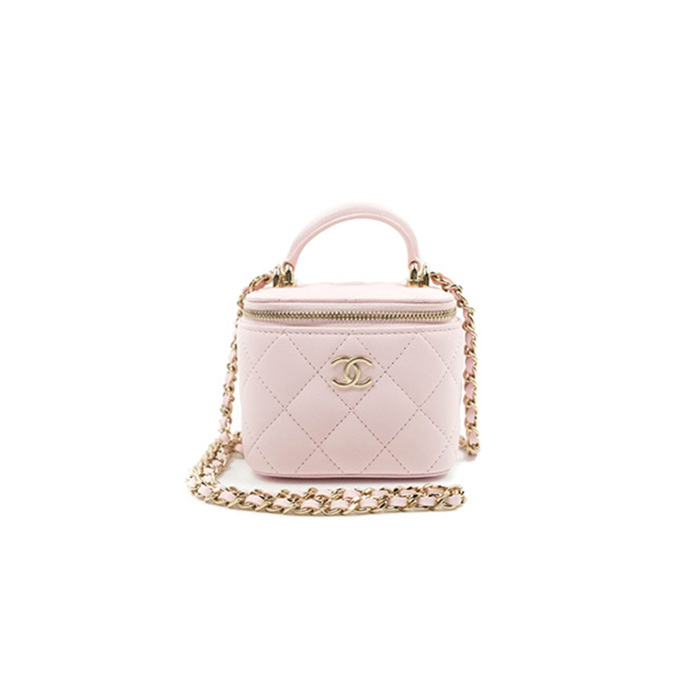 CHANEL MINI TOP HANDLE VANITY WITH CHAIN LIGHT PINK LAMBSKIN GOLD HARDWARE  (10*9*7cm)